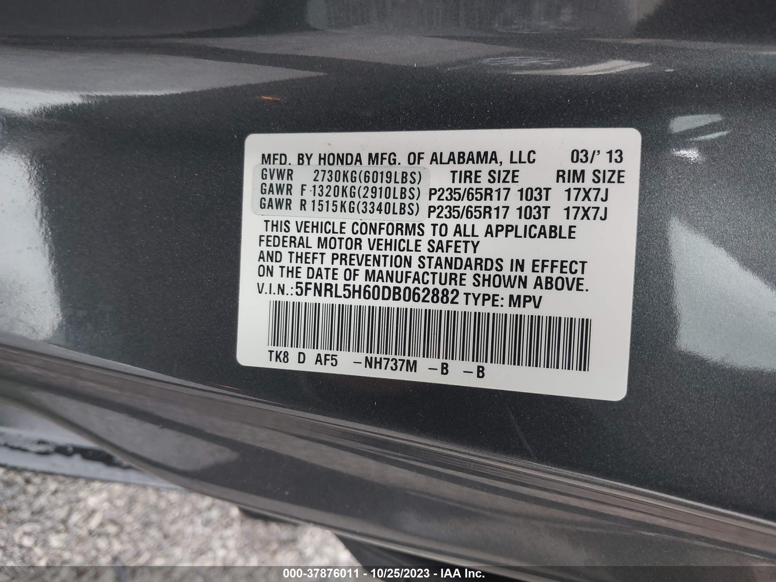 Photo 8 VIN: 5FNRL5H60DB062882 - HONDA ODYSSEY 