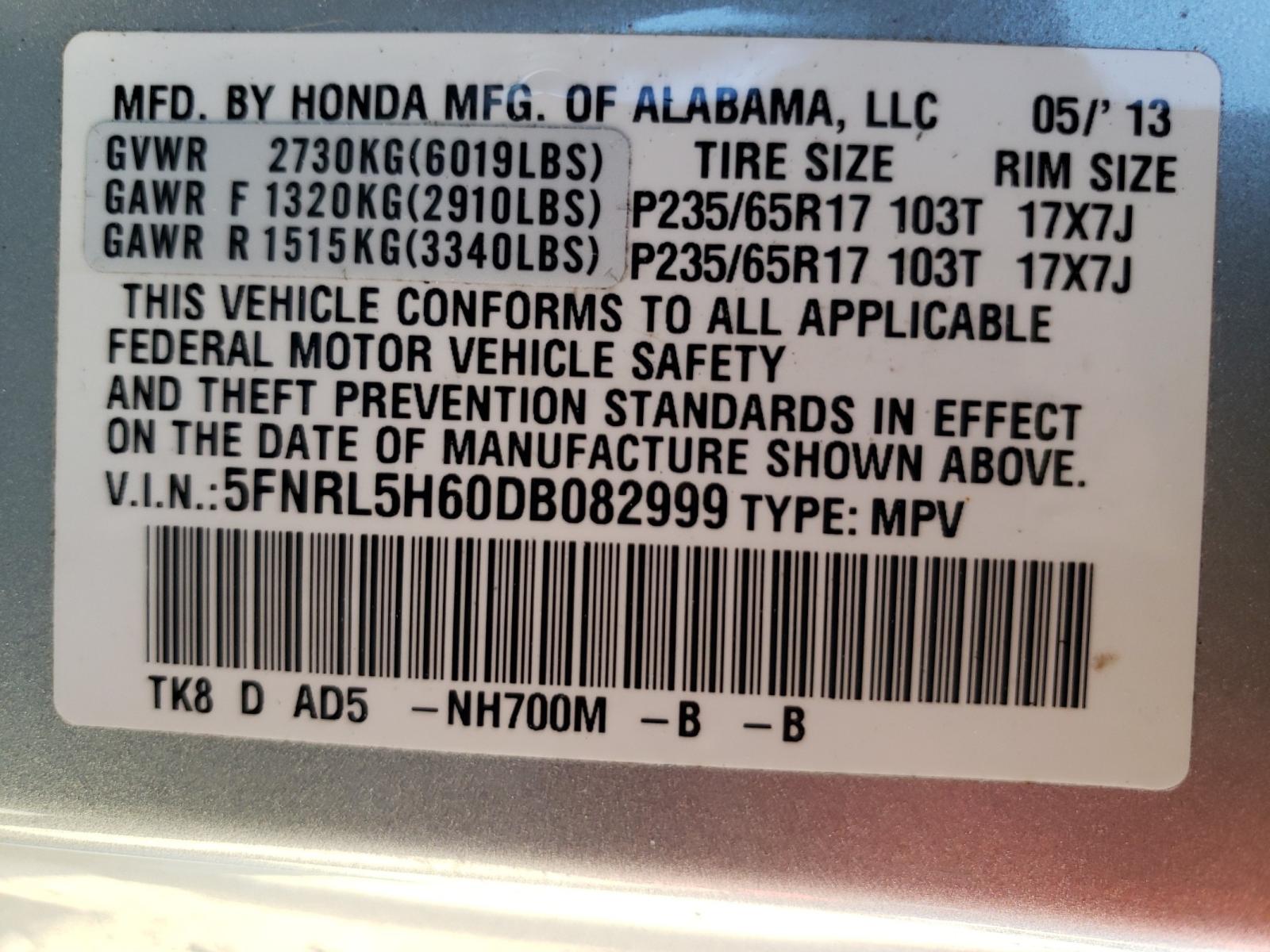 Photo 9 VIN: 5FNRL5H60DB082999 - HONDA ODYSSEY 