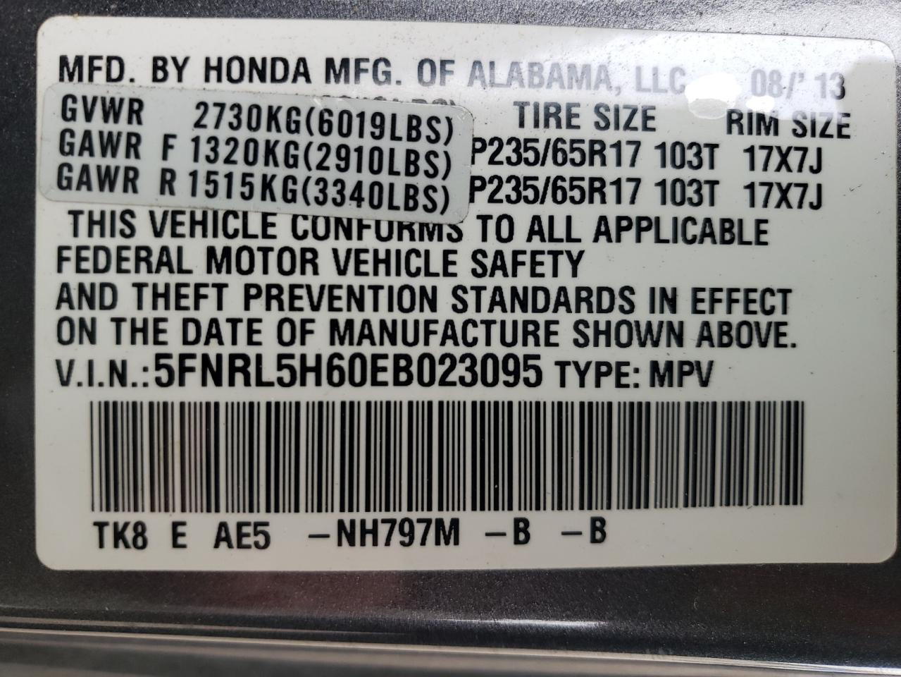 Photo 12 VIN: 5FNRL5H60EB023095 - HONDA ODYSSEY 