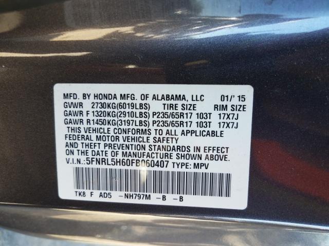 Photo 9 VIN: 5FNRL5H60FB060407 - HONDA ODYSSEY EX 