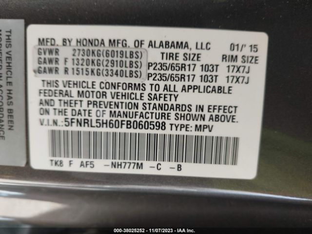 Photo 8 VIN: 5FNRL5H60FB060598 - HONDA ODYSSEY 