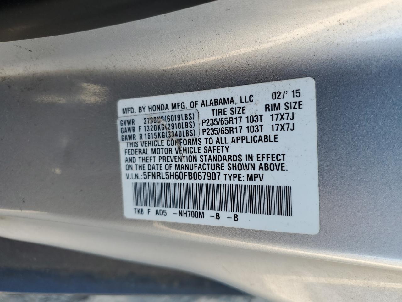 Photo 13 VIN: 5FNRL5H60FB067907 - HONDA ODYSSEY 