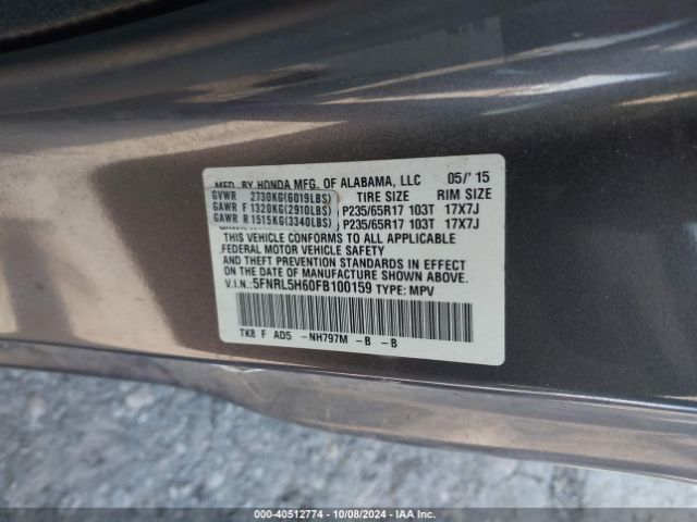 Photo 8 VIN: 5FNRL5H60FB100159 - HONDA ODYSSEY 