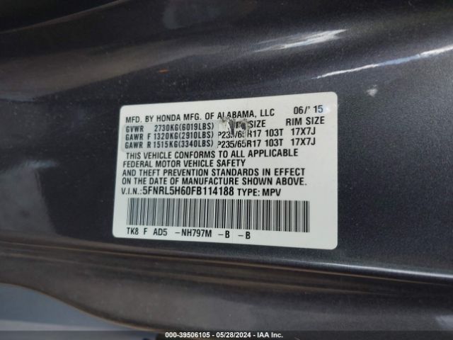 Photo 8 VIN: 5FNRL5H60FB114188 - HONDA ODYSSEY 