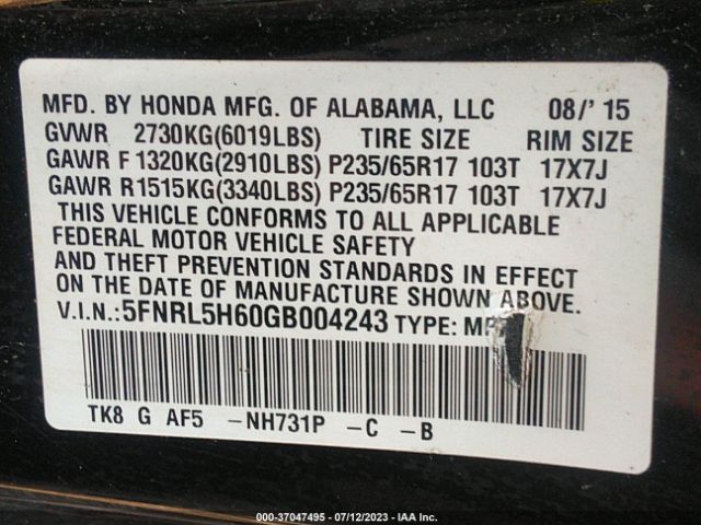 Photo 8 VIN: 5FNRL5H60GB004243 - HONDA ODYSSEY 