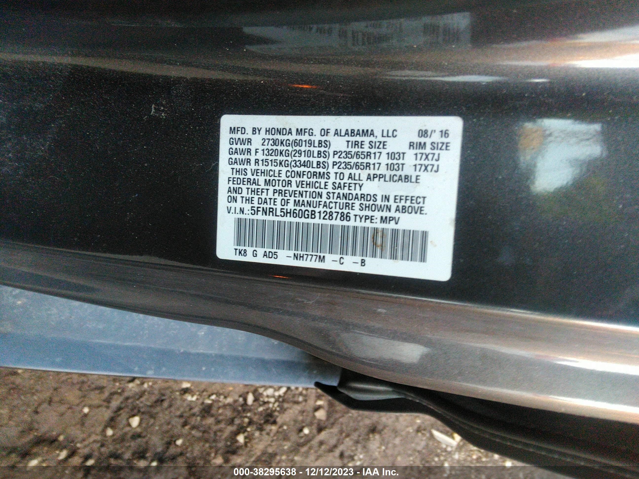 Photo 8 VIN: 5FNRL5H60GB128786 - HONDA ODYSSEY 