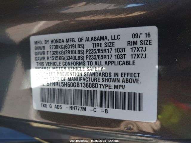 Photo 8 VIN: 5FNRL5H60GB136080 - HONDA ODYSSEY 