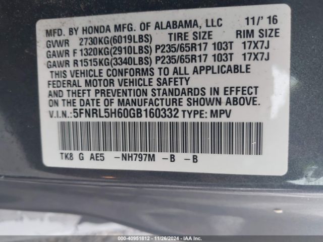 Photo 8 VIN: 5FNRL5H60GB160332 - HONDA ODYSSEY 