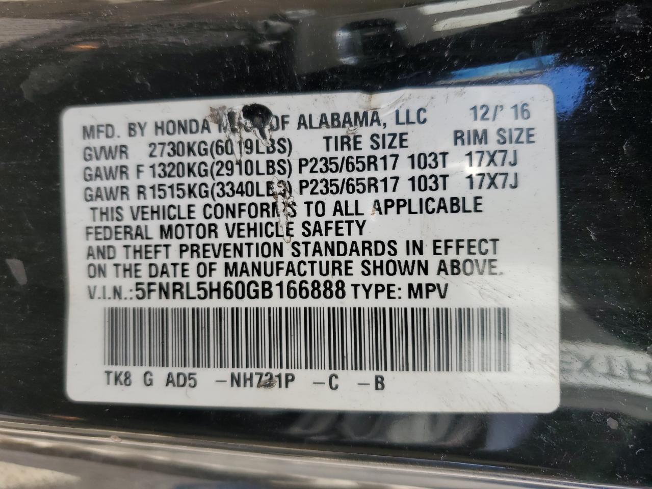 Photo 12 VIN: 5FNRL5H60GB166888 - HONDA ODYSSEY 