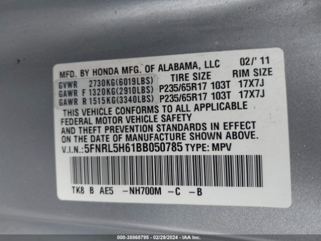 Photo 8 VIN: 5FNRL5H61BB050785 - HONDA ODYSSEY 