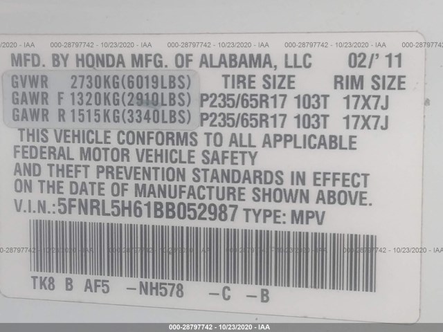 Photo 8 VIN: 5FNRL5H61BB052987 - HONDA ODYSSEY 