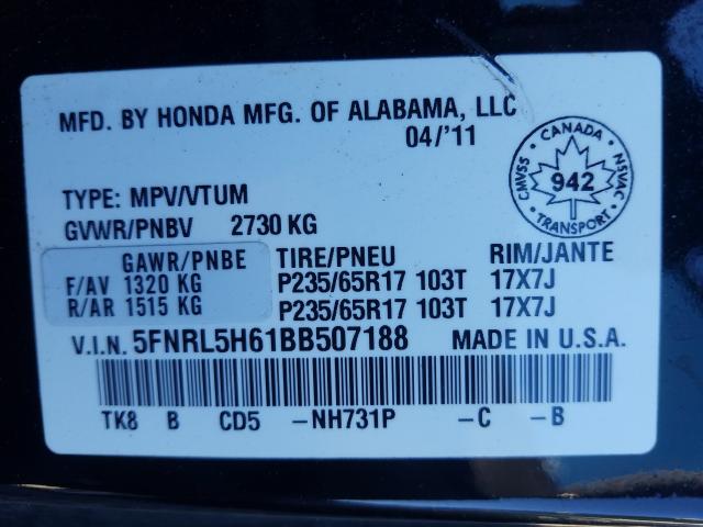 Photo 9 VIN: 5FNRL5H61BB507188 - HONDA ODYSSEY EX 