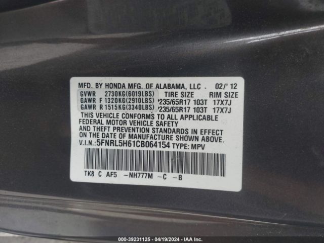 Photo 8 VIN: 5FNRL5H61CB064154 - HONDA ODYSSEY 