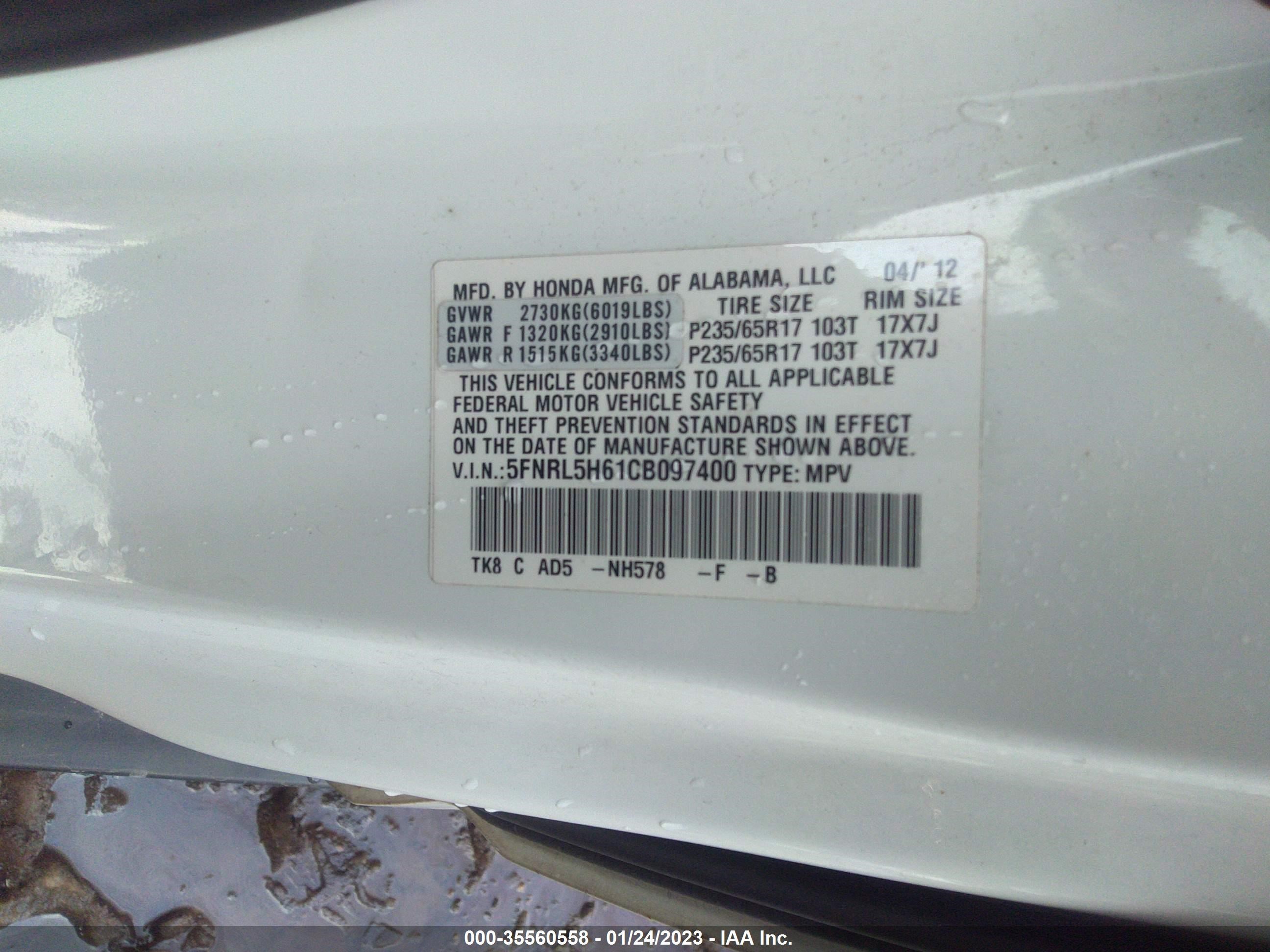 Photo 8 VIN: 5FNRL5H61CB097400 - HONDA ODYSSEY 