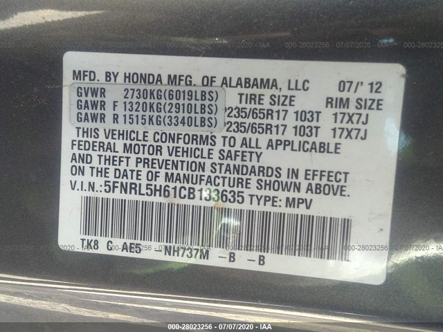 Photo 8 VIN: 5FNRL5H61CB133635 - HONDA ODYSSEY 