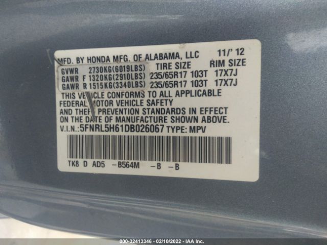 Photo 8 VIN: 5FNRL5H61DB026067 - HONDA ODYSSEY 