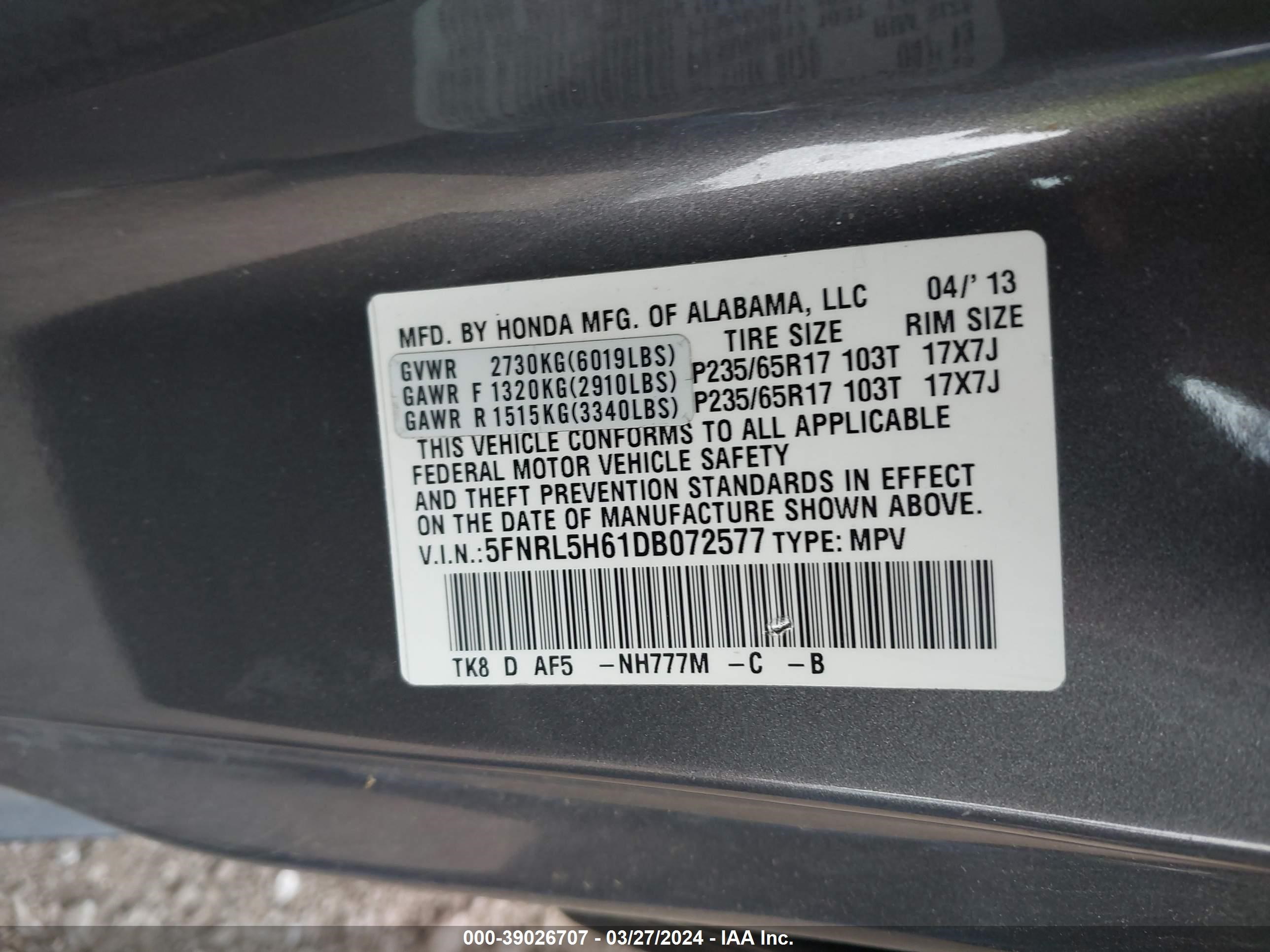 Photo 8 VIN: 5FNRL5H61DB072577 - HONDA ODYSSEY 