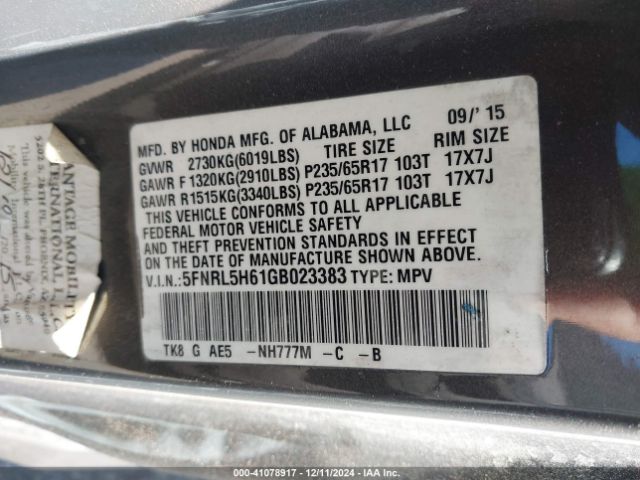 Photo 8 VIN: 5FNRL5H61GB023383 - HONDA ODYSSEY 