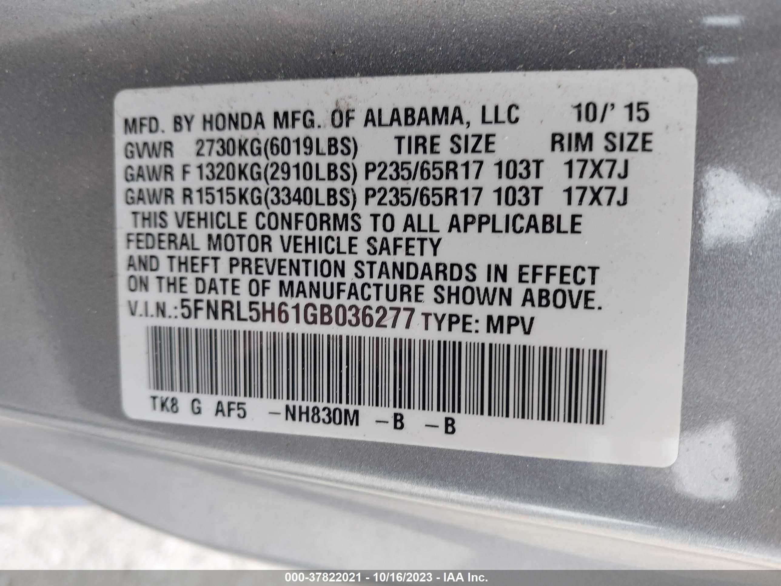 Photo 8 VIN: 5FNRL5H61GB036277 - HONDA ODYSSEY 