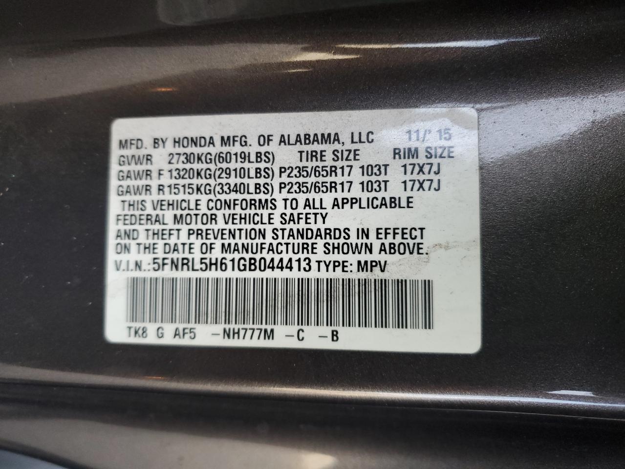 Photo 12 VIN: 5FNRL5H61GB044413 - HONDA ODYSSEY 