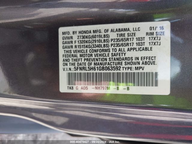 Photo 8 VIN: 5FNRL5H61GB063592 - HONDA ODYSSEY 