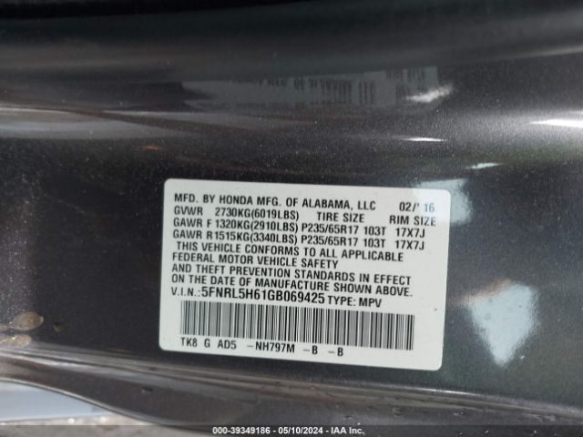 Photo 8 VIN: 5FNRL5H61GB069425 - HONDA ODYSSEY 