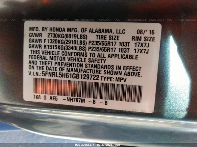 Photo 8 VIN: 5FNRL5H61GB129722 - HONDA ODYSSEY 