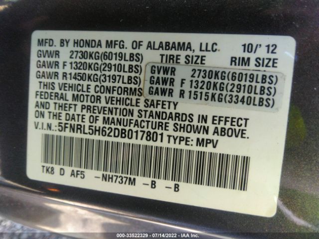 Photo 8 VIN: 5FNRL5H62DB017801 - HONDA ODYSSEY 