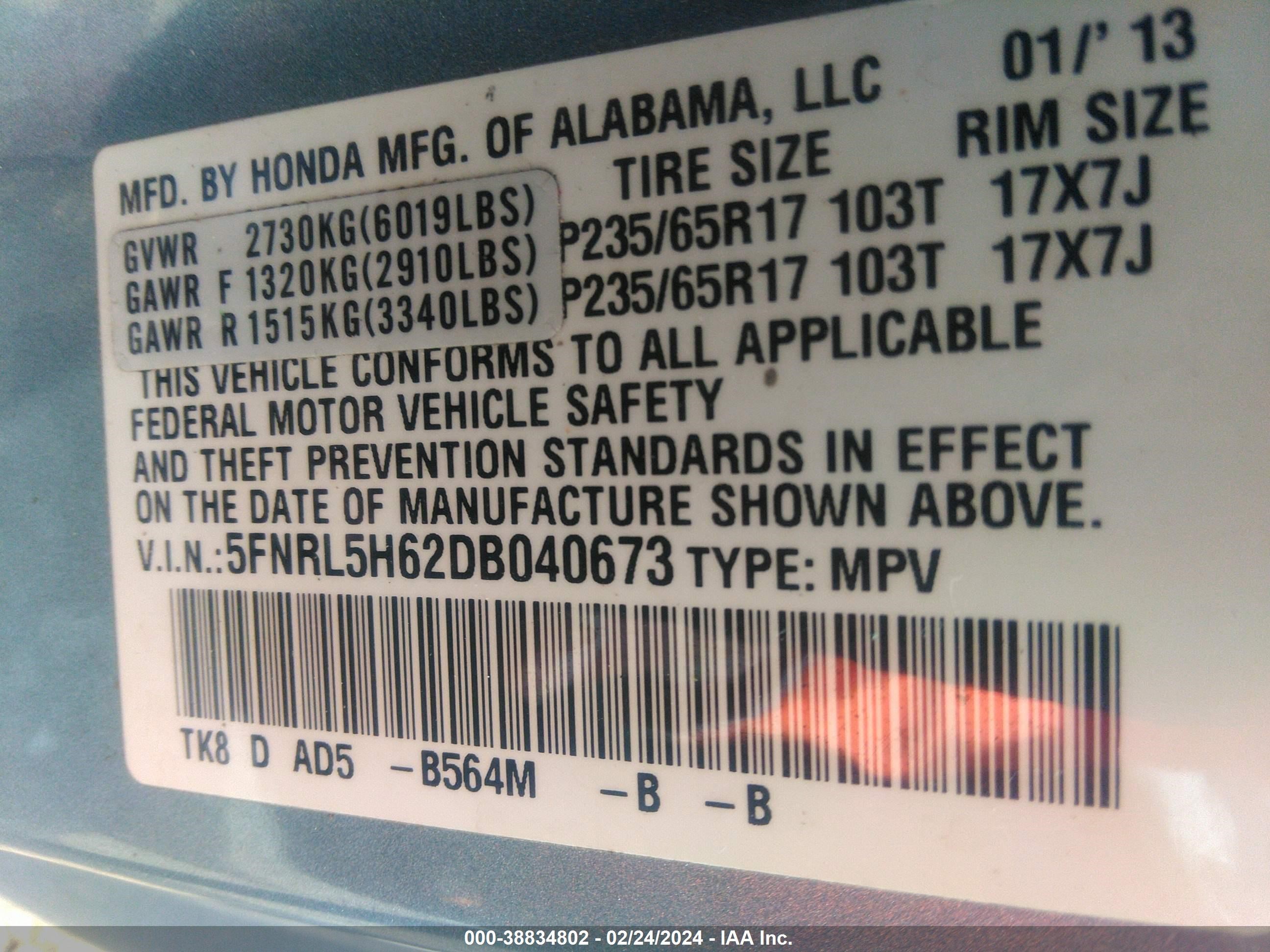 Photo 8 VIN: 5FNRL5H62DB040673 - HONDA ODYSSEY 