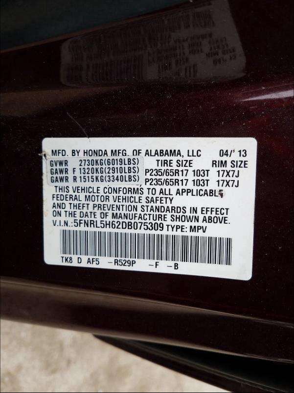 Photo 9 VIN: 5FNRL5H62DB075309 - HONDA ODYSSEY EX 