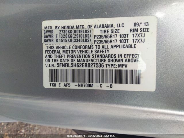 Photo 8 VIN: 5FNRL5H62EB027536 - HONDA ODYSSEY 