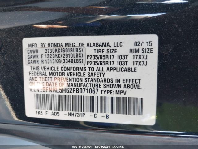 Photo 8 VIN: 5FNRL5H62FB071067 - HONDA ODYSSEY 