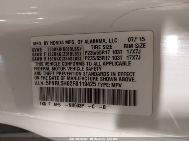 Photo 8 VIN: 5FNRL5H62FB119425 - HONDA ODYSSEY 