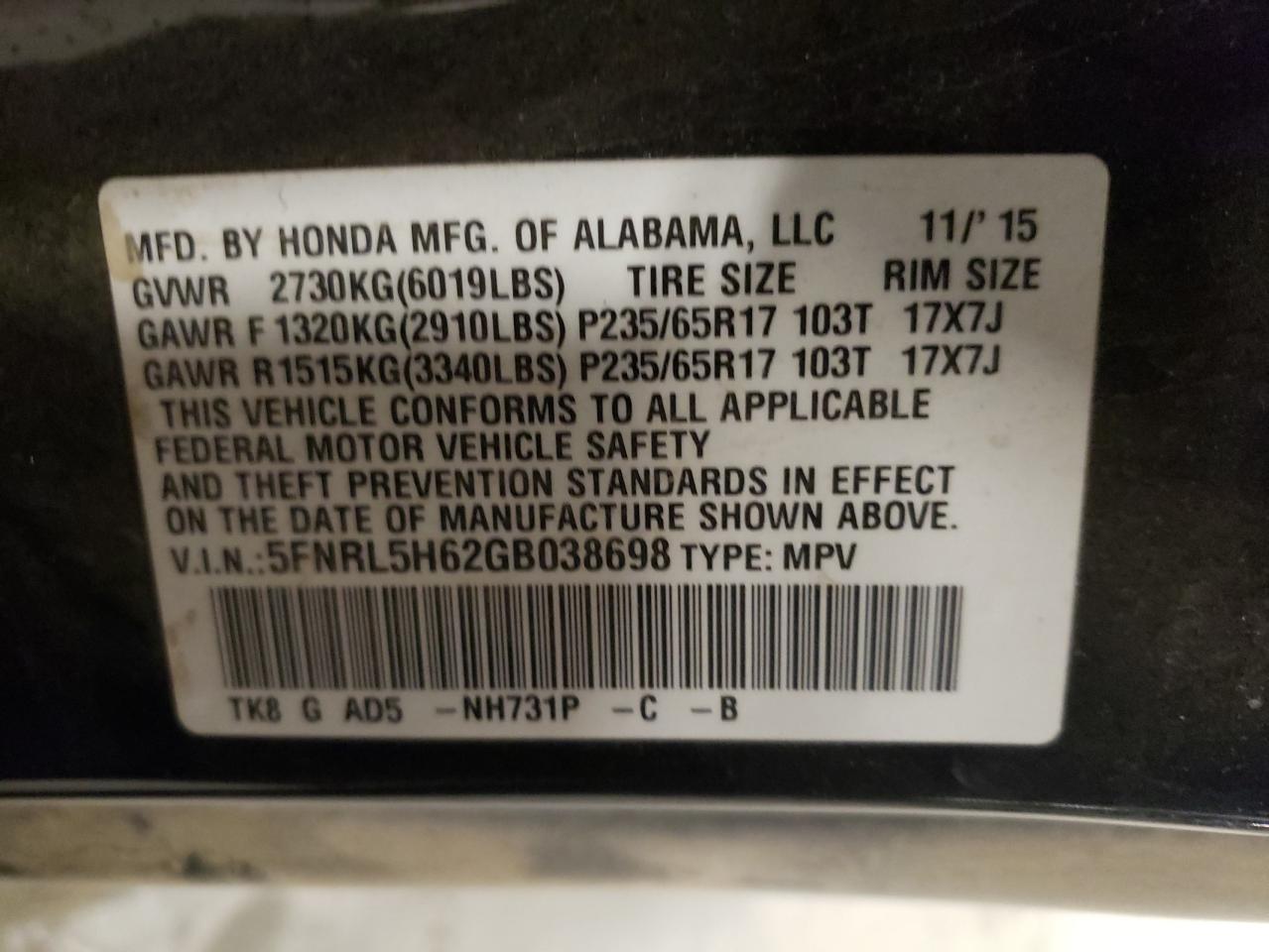 Photo 13 VIN: 5FNRL5H62GB038698 - HONDA ODYSSEY 