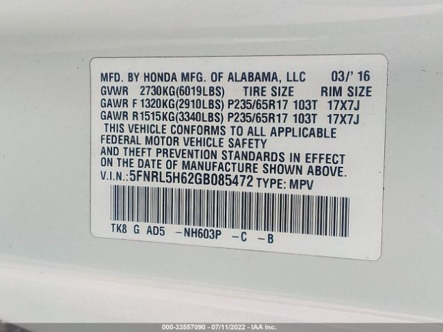 Photo 8 VIN: 5FNRL5H62GB085472 - HONDA ODYSSEY EX 