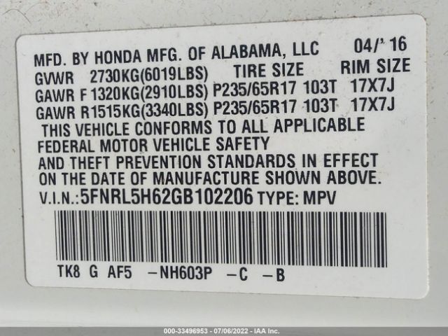 Photo 8 VIN: 5FNRL5H62GB102206 - HONDA ODYSSEY 