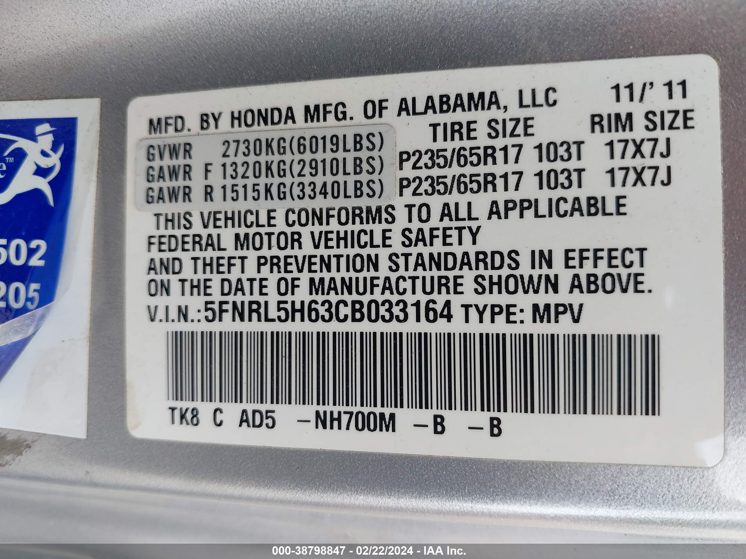 Photo 8 VIN: 5FNRL5H63CB033164 - HONDA ODYSSEY 