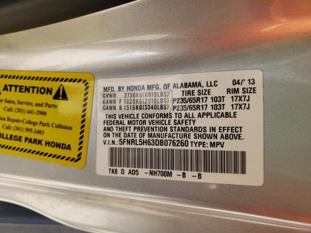 Photo 9 VIN: 5FNRL5H63DB076260 - HONDA ODYSSEY EX 