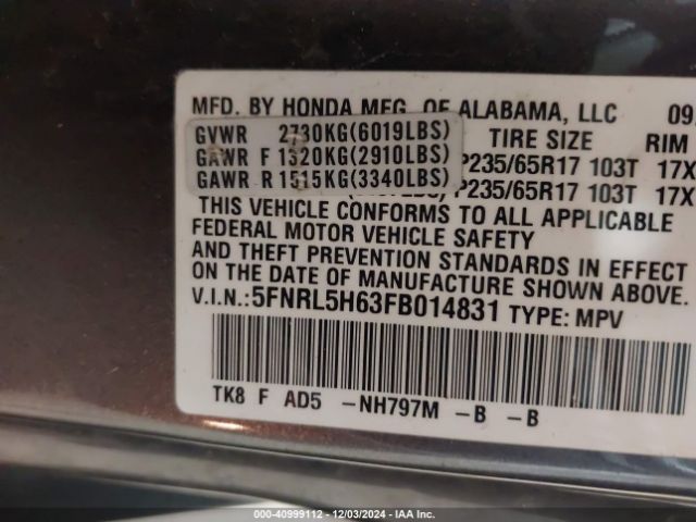 Photo 8 VIN: 5FNRL5H63FB014831 - HONDA ODYSSEY 