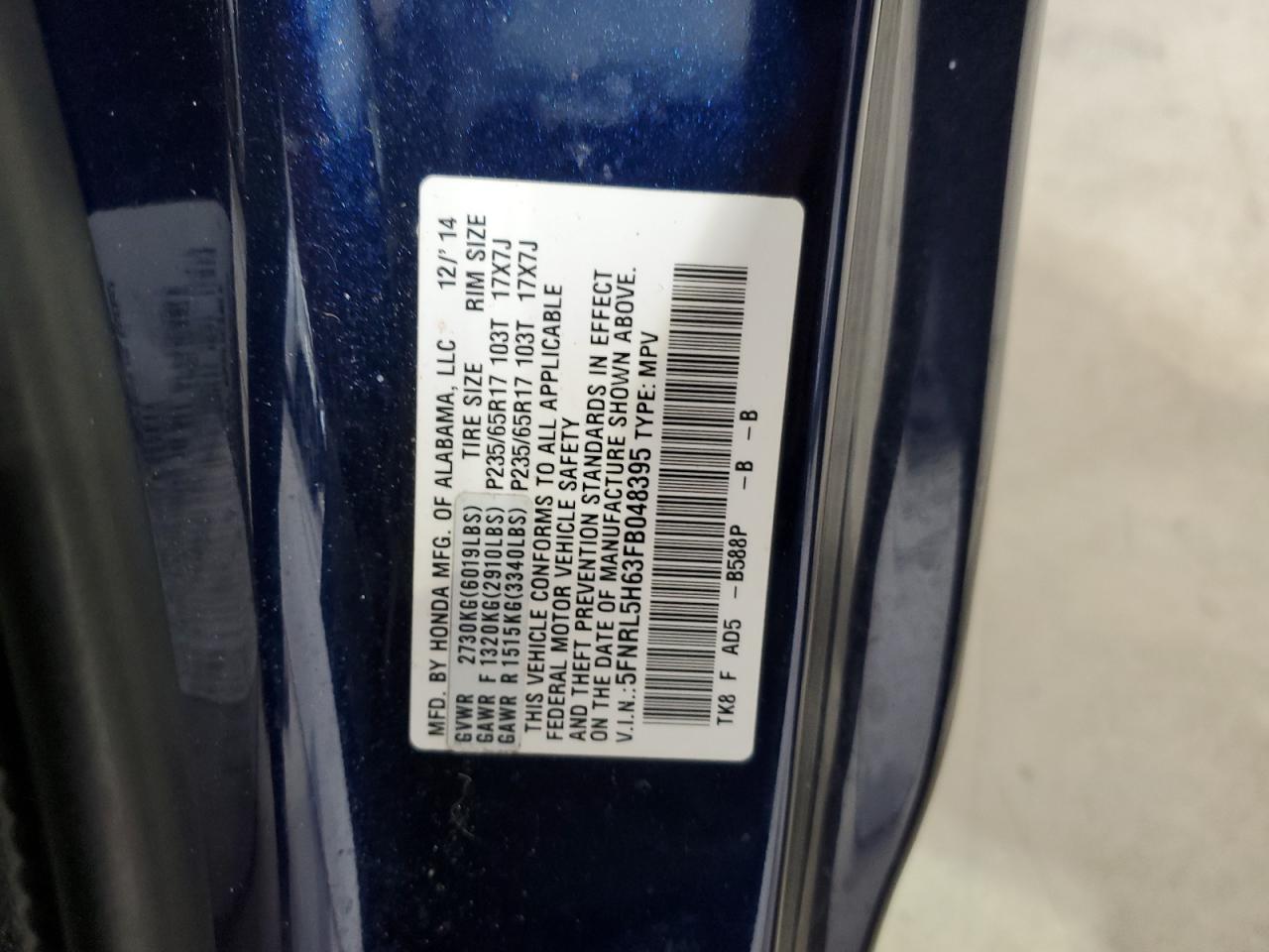 Photo 12 VIN: 5FNRL5H63FB048395 - HONDA ODYSSEY EX 