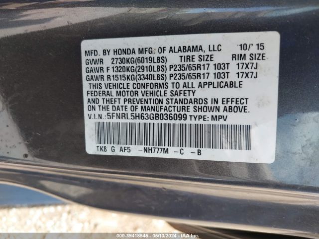 Photo 8 VIN: 5FNRL5H63GB036099 - HONDA ODYSSEY 