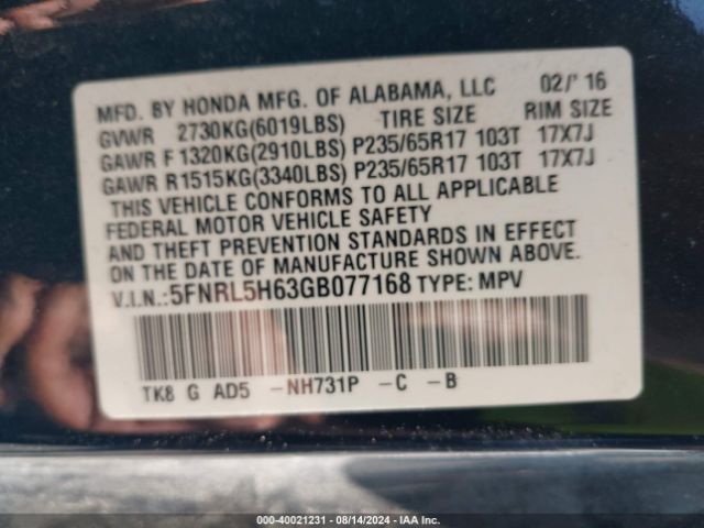 Photo 8 VIN: 5FNRL5H63GB077168 - HONDA ODYSSEY 