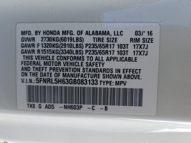 Photo 9 VIN: 5FNRL5H63GB083133 - HONDA ODYSSEY EX 