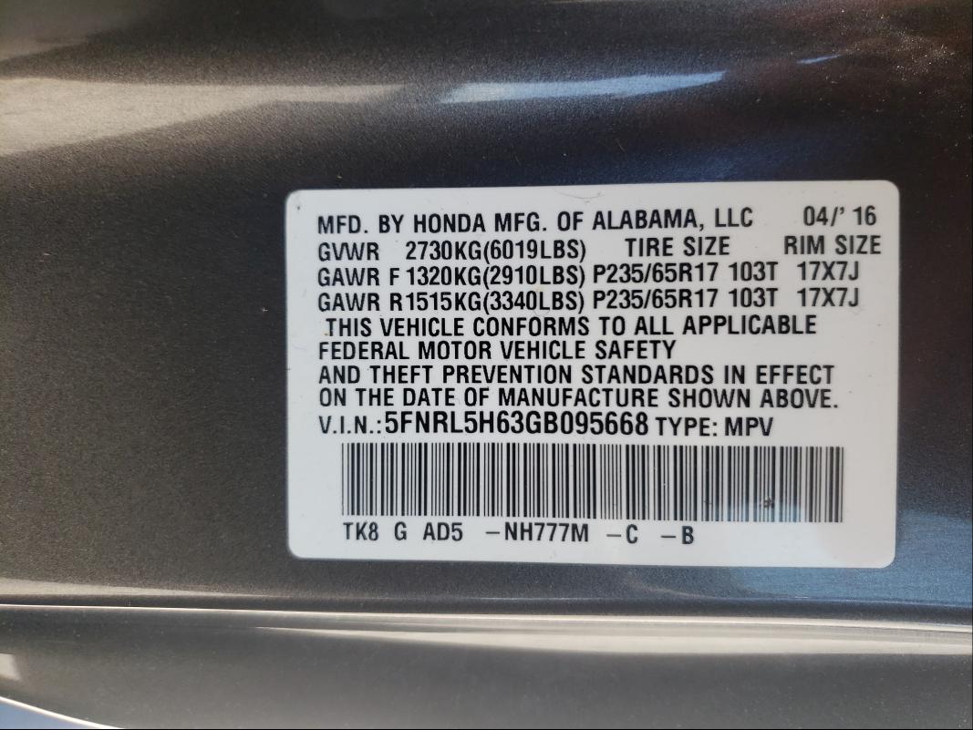 Photo 9 VIN: 5FNRL5H63GB095668 - HONDA ODYSSEY EX 