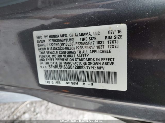 Photo 8 VIN: 5FNRL5H63GB120083 - HONDA ODYSSEY 