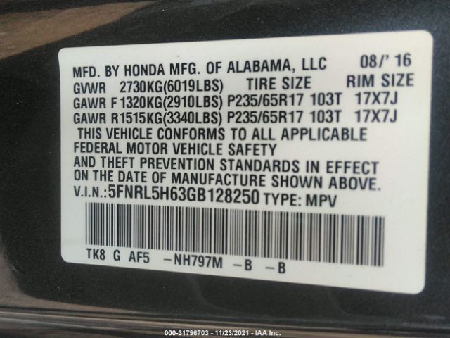 Photo 8 VIN: 5FNRL5H63GB128250 - HONDA ODYSSEY 