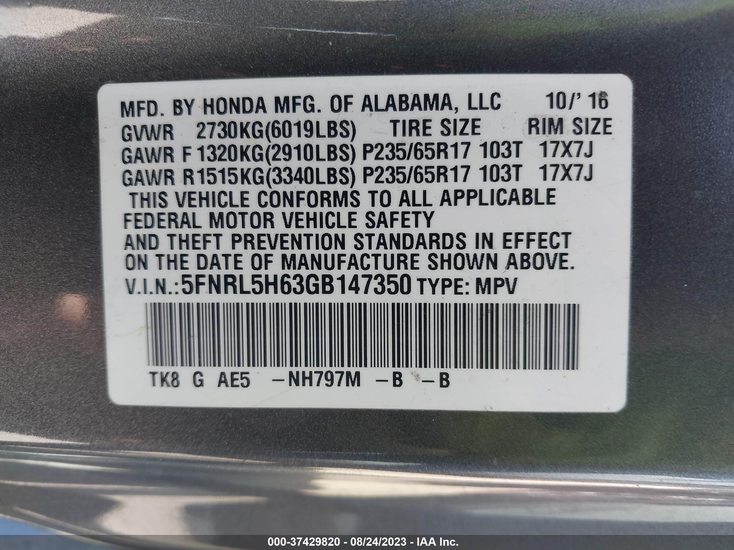 Photo 8 VIN: 5FNRL5H63GB147350 - HONDA ODYSSEY 