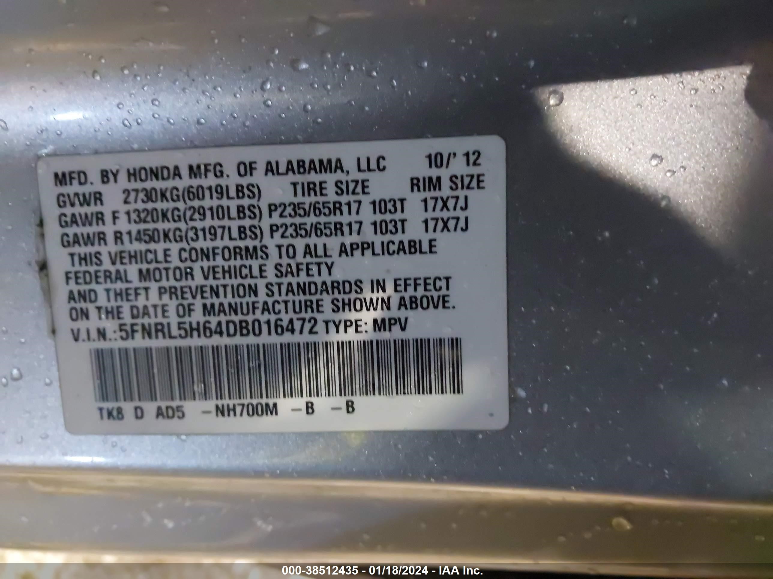 Photo 8 VIN: 5FNRL5H64DB016472 - HONDA ODYSSEY 