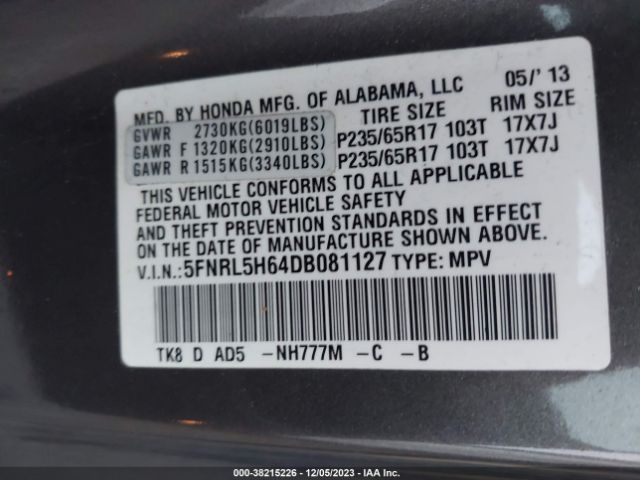 Photo 8 VIN: 5FNRL5H64DB081127 - HONDA ODYSSEY 