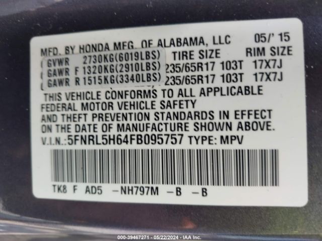 Photo 8 VIN: 5FNRL5H64FB095757 - HONDA ODYSSEY 